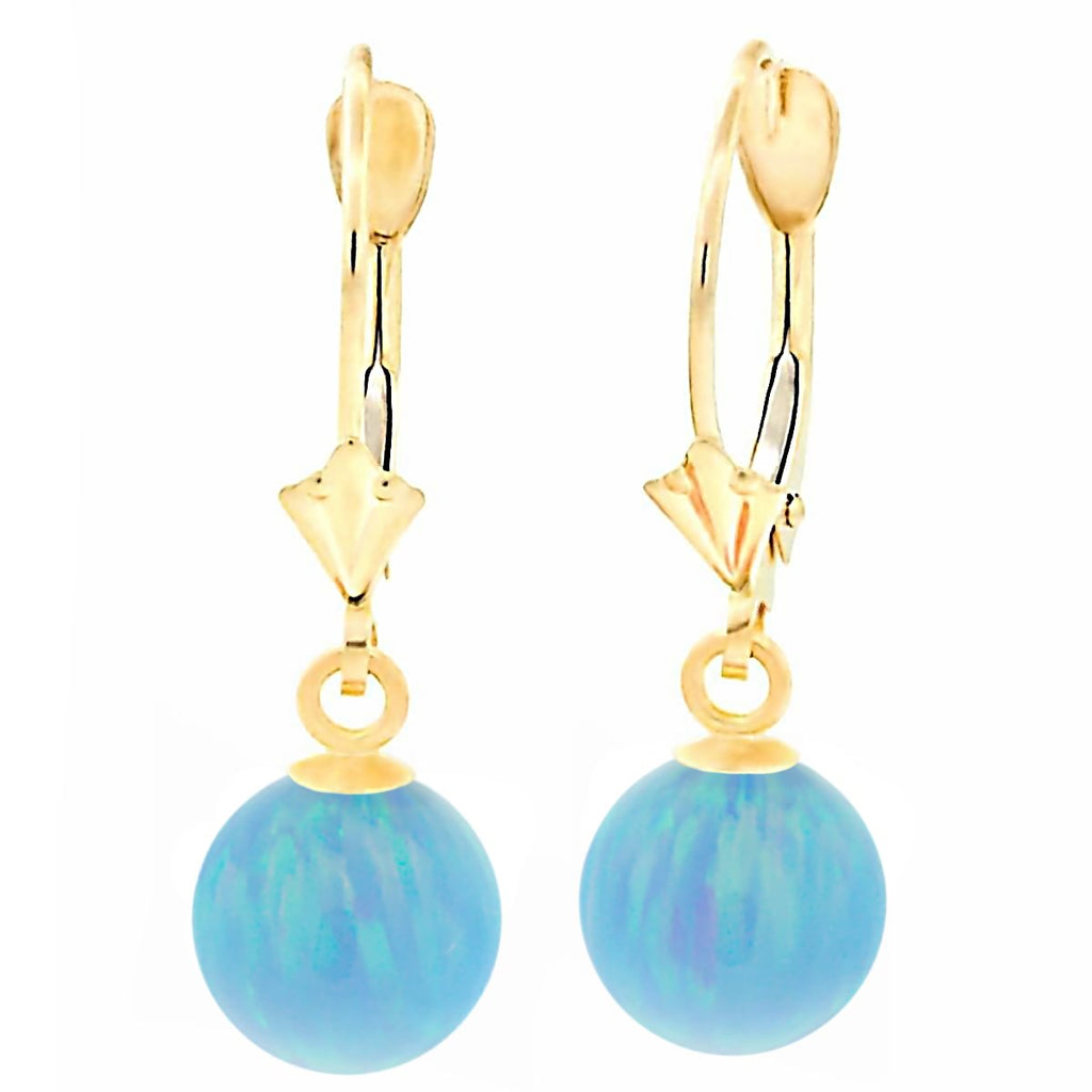 Sky: Azure Blue Created Australian Opal Ball Drop Leverback Earrings 14K Yellow Gold - TrustmarkJewelers.com