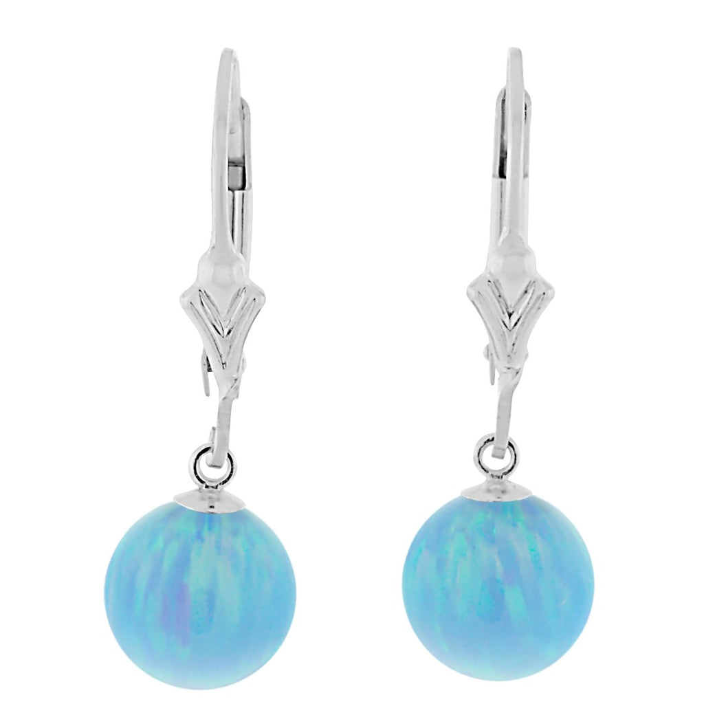 Sky: Azure Blue Created Australian Opal Ball Drop Leverback Earrings 925 Sterling Silver - TrustmarkJewelers.com