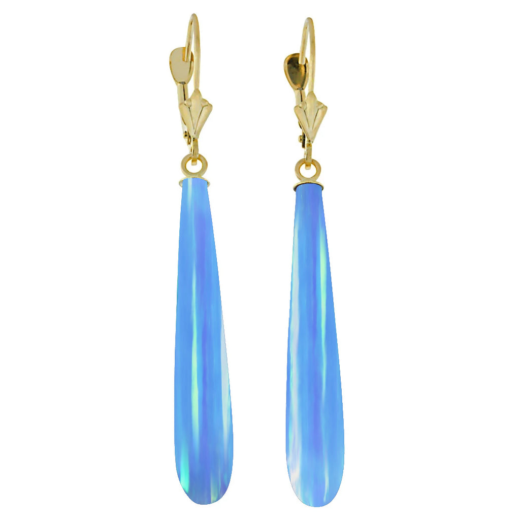 Sky: Azure Blue Created Australian Opal Teardrop 14K Yellow Gold Leverback Earrings