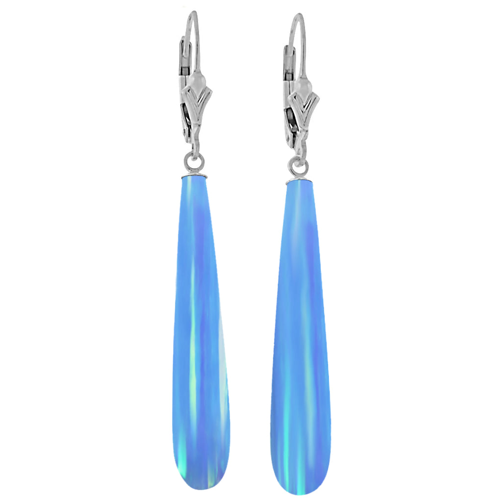 Sky: Azure Blue Created Australian Opal Teardrop 925 Sterling Silver Leverback Earrings