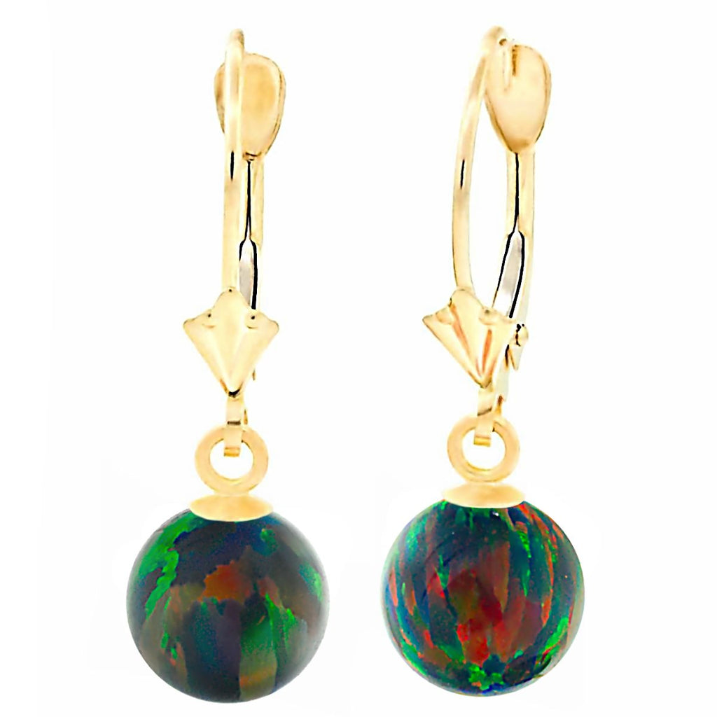 Aurora: Black Created Australian Opal Ball Drop Leverback Earrings 14K Yellow Gold - TrustmarkJewelers.com