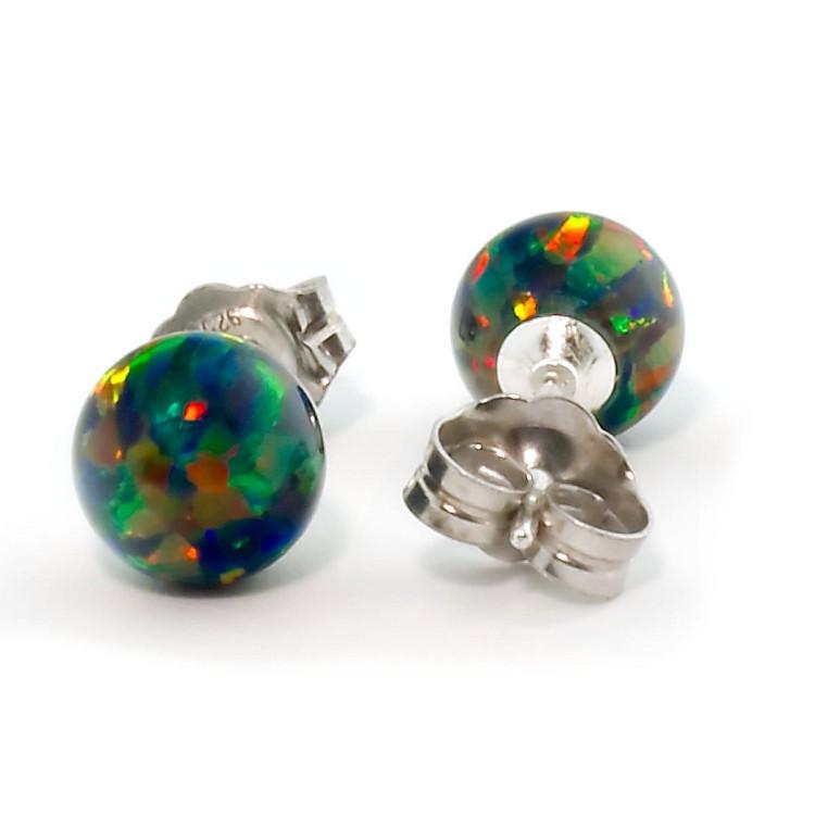 Aurora: 6mm Black Australian Opal Ball Stud Earrings Sterling Silver - TrustmarkJewelers.com