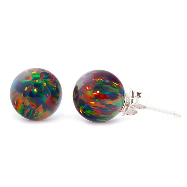 Aurora: 8mm Black Australian Opal Ball Stud Earrings 14k White Gold - TrustmarkJewelers.com