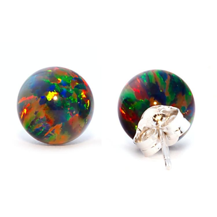 Aurora: 8mm Black Australian Opal Ball Stud Earrings 14k White Gold - TrustmarkJewelers.com