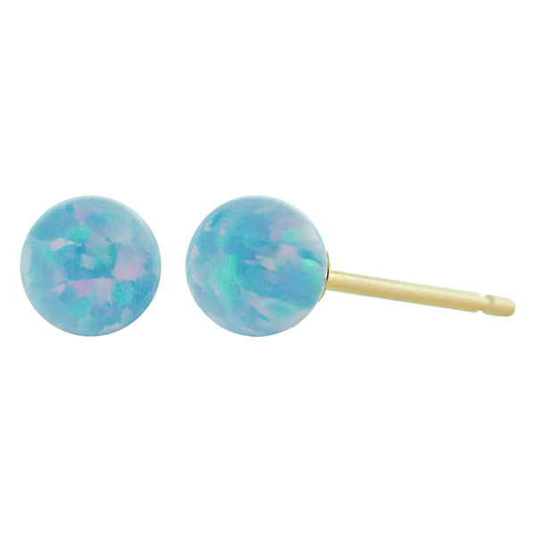 Carrie: Cornflower Blue Created Australian Opal Ball Stud Earrings 14K Yellow Gold - TrustmarkJewelers.com