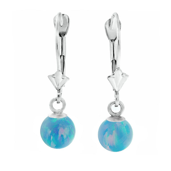 Carrie: Cornflower Blue Created Australian Opal Ball Drop Leverback Earrings 14K White Gold - TrustmarkJewelers.com
