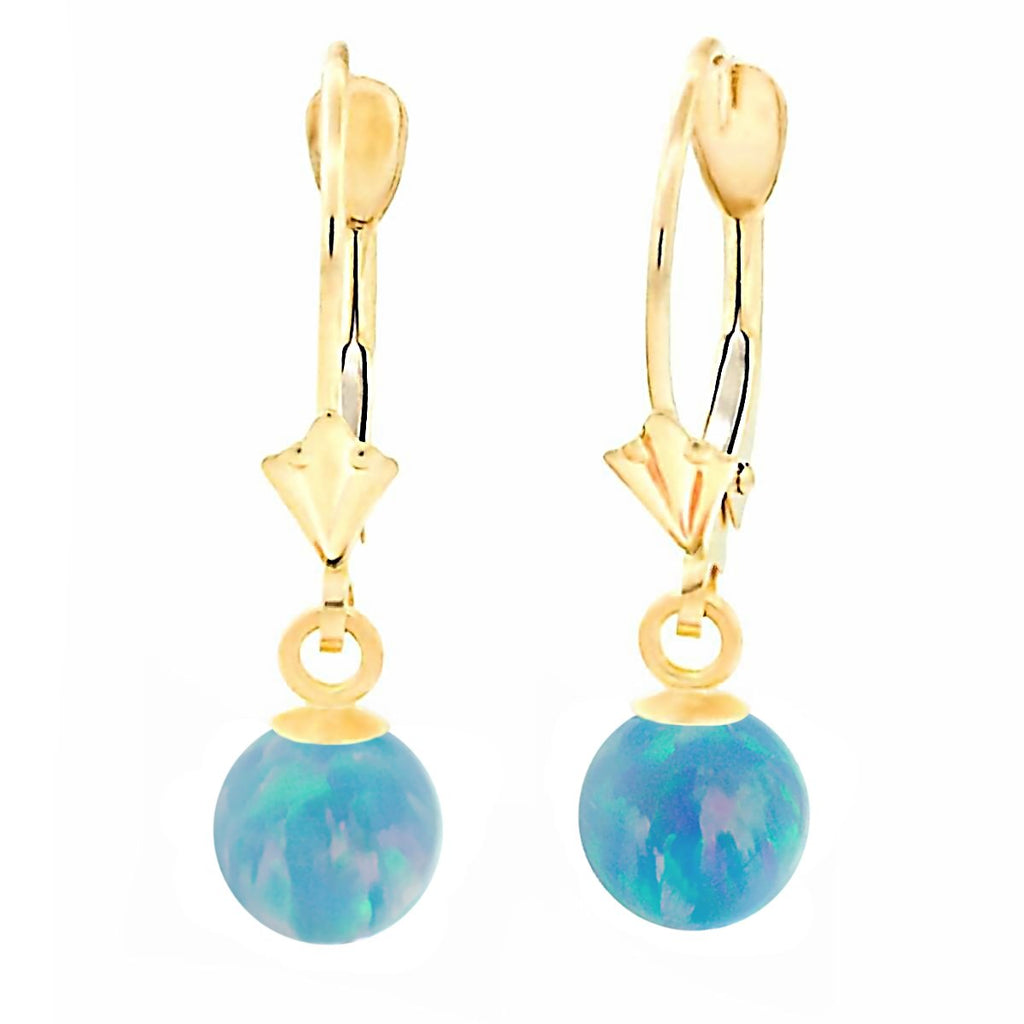Carrie: Cornflower Blue Created Australian Opal Ball Drop Leverback Earrings 14K Yellow Gold - TrustmarkJewelers.com