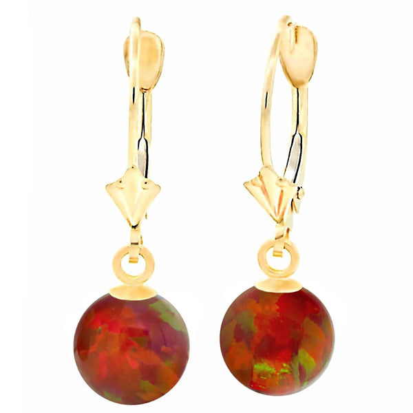 Ginger: Flame Red Created Australian Opal Ball Drop Leverback Earrings 14K Yellow Gold - TrustmarkJewelers.com