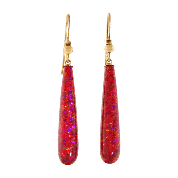 Ginger: 35mm Flame Red Created Opal Teardrop Fishhook Earrings Gold Filled - TrustmarkJewelers.com