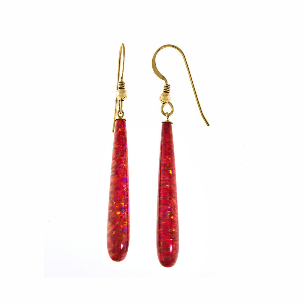Ginger: 35mm Flame Red Created Opal Teardrop Fishhook Earrings Gold Filled - TrustmarkJewelers.com