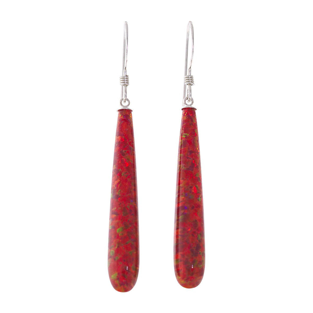 Ginger: 35mm Flame Red Created Opal Teardrop Fishhook Earrings Sterling Silver - TrustmarkJewelers.com