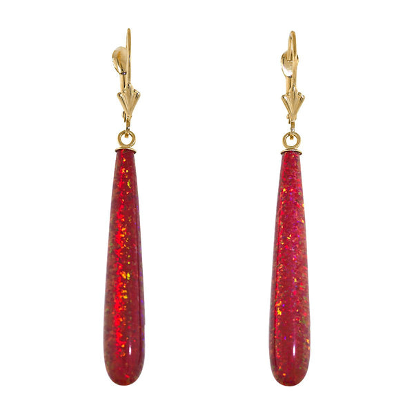 Ginger: 35mm Flame Red Created Opal Teardrop Lever Back Earrings 14K Yellow Gold - TrustmarkJewelers.com