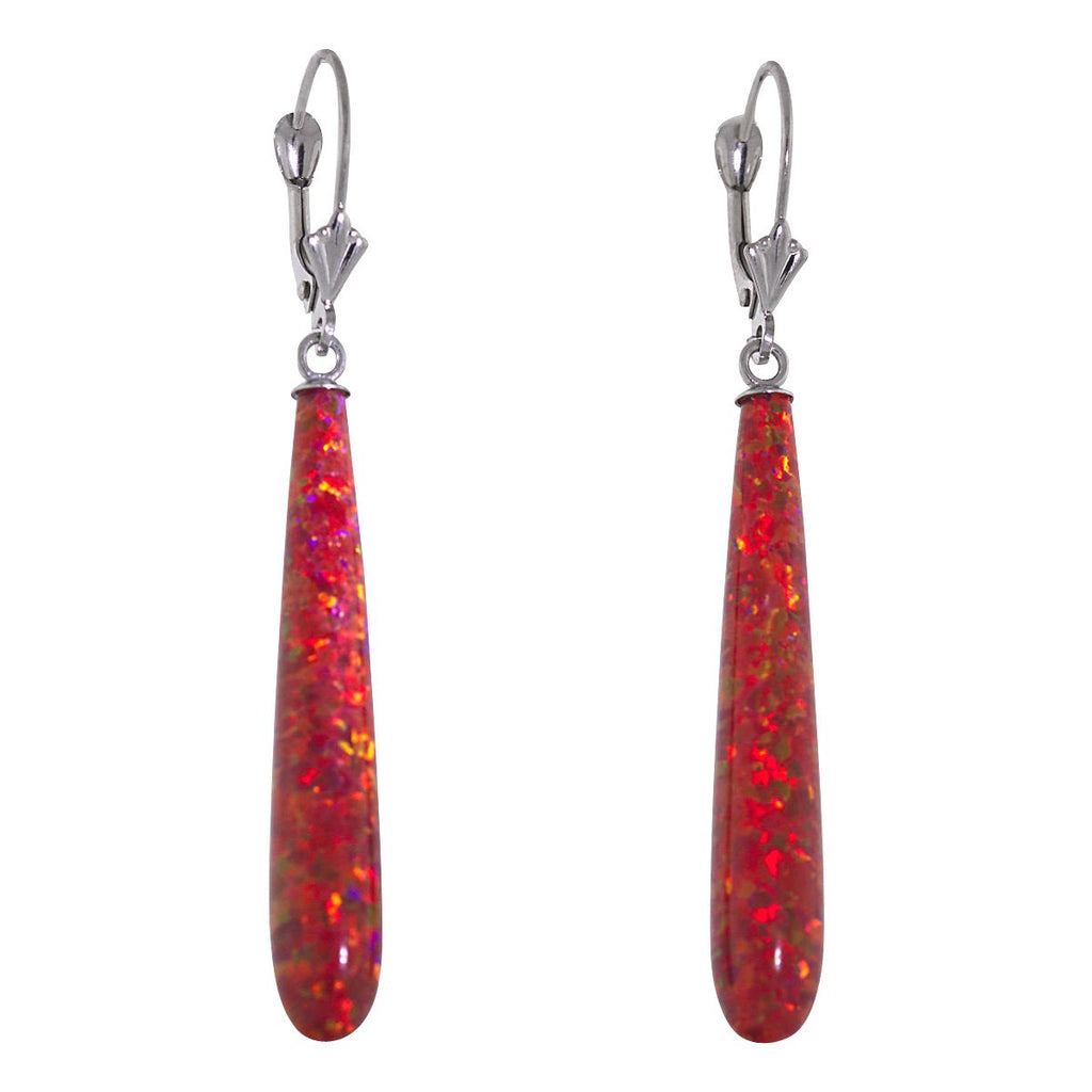 Ginger: 35mm Flame Red Created Opal Teardrop Lever Back Earrings 14K White Gold - TrustmarkJewelers.com