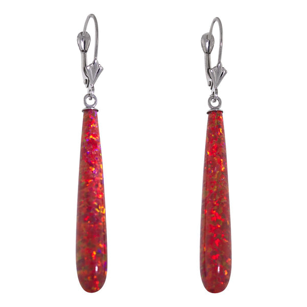 Ginger: 35mm Flame Red Created Opal Teardrop Lever Back Earrings 14K White Gold - TrustmarkJewelers.com