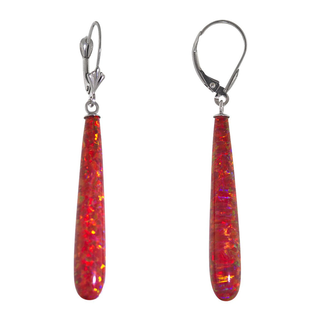 Ginger: 35mm Flame Red Created Opal Teardrop Lever Back Earrings 14K White Gold - TrustmarkJewelers.com