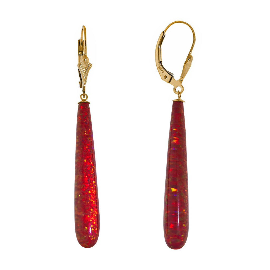 Ginger: 35mm Flame Red Created Opal Teardrop Lever Back Earrings Gold Filled - TrustmarkJewelers.com