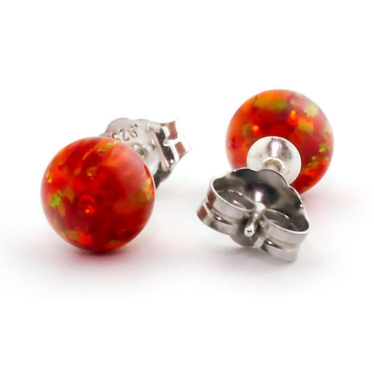 Ginger: 8mm Flame Red Australian Opal Ball Stud Earrings 925 Silver - TrustmarkJewelers.com