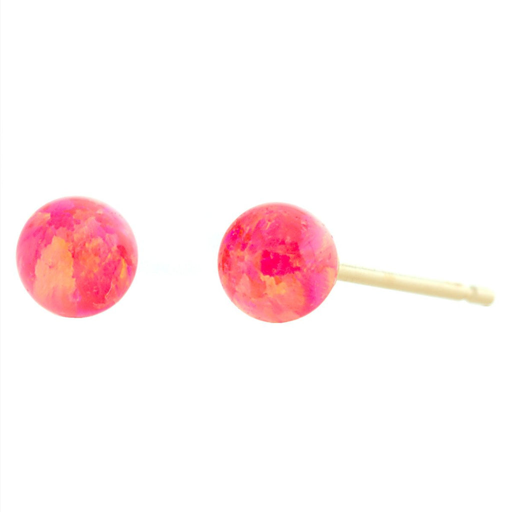 Pia: Hot Pink Created Australian Opal Ball Stud Earrings 14K Yellow Gold - TrustmarkJewelers.com