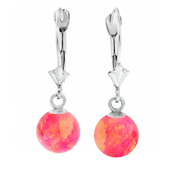 Pia: Hot Pink Created Australian Opal Ball Drop Leverback Earrings 14K White Gold - TrustmarkJewelers.com