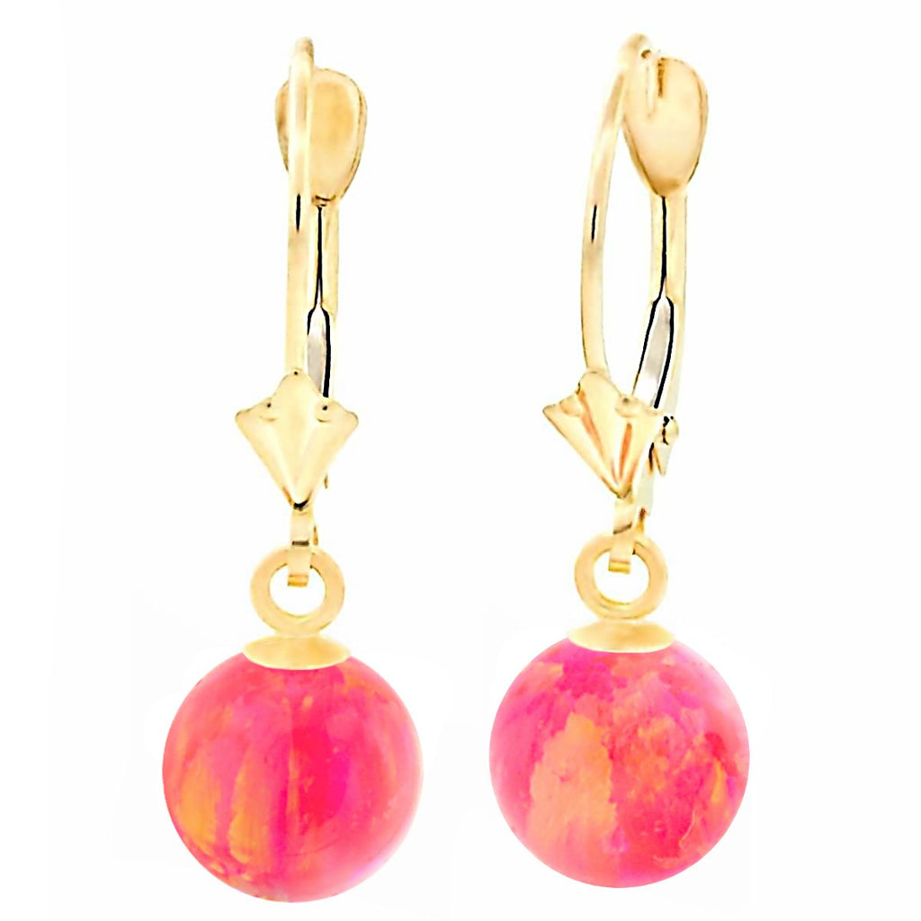 Pia: Hot Pink Created Australian Opal Ball Drop Leverback Earrings 14K Yellow Gold - TrustmarkJewelers.com