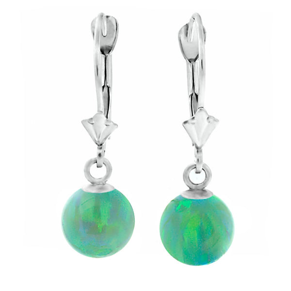 Margarita: Kiwi Green Created Australian Opal Ball Drop Leverback Earrings 14K White Gold - TrustmarkJewelers.com