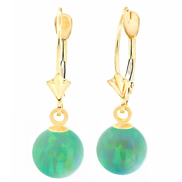 Margarita: Kiwi Green Created Australian Opal Ball Drop Leverback Earrings 14K Yellow Gold - TrustmarkJewelers.com
