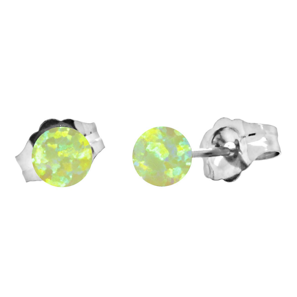 Aileen: Lime Green Created Australian Opal Ball Stud Earrings 14k White Gold