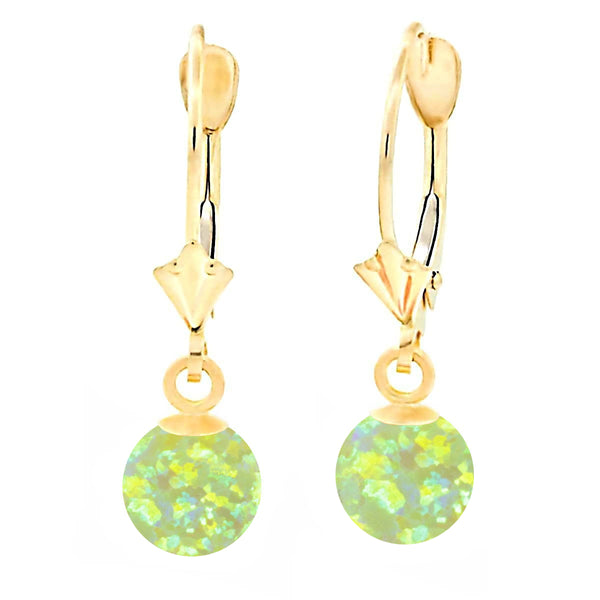 Aileen: Lime Green Created Australian Opal Ball Drop Leverback Earrings 14K Yellow Gold