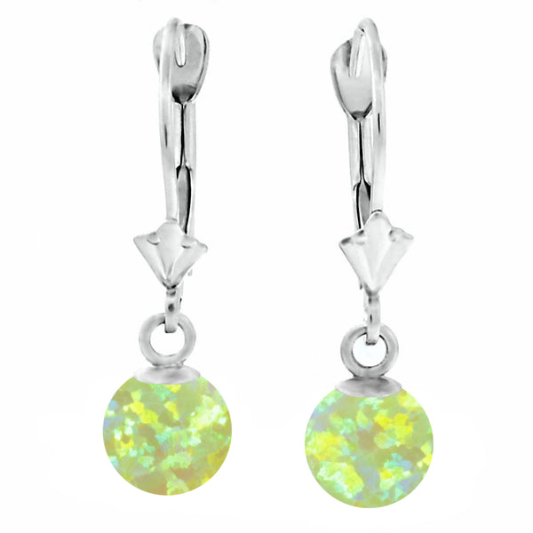 Aileen: Lime Green Created Australian Opal Ball Drop Leverback Earrings 14K White Gold