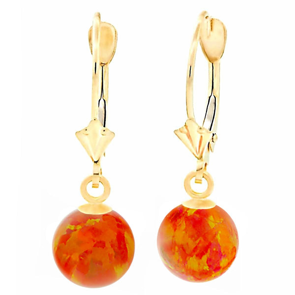 Orlena: Mexican Fire Created Australian Opal Ball Drop Leverback Earrings 14K Yellow Gold - TrustmarkJewelers.com