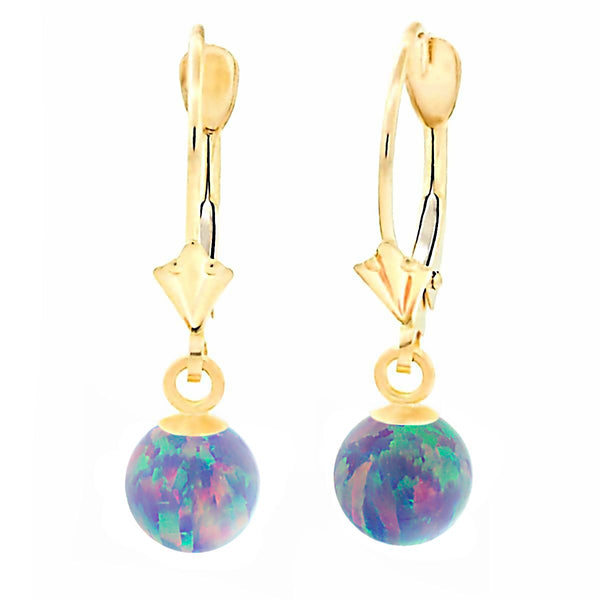 Norah: Lavender Created Australian Opal Ball Drop Leverback Earrings 14K Yellow Gold - TrustmarkJewelers.com