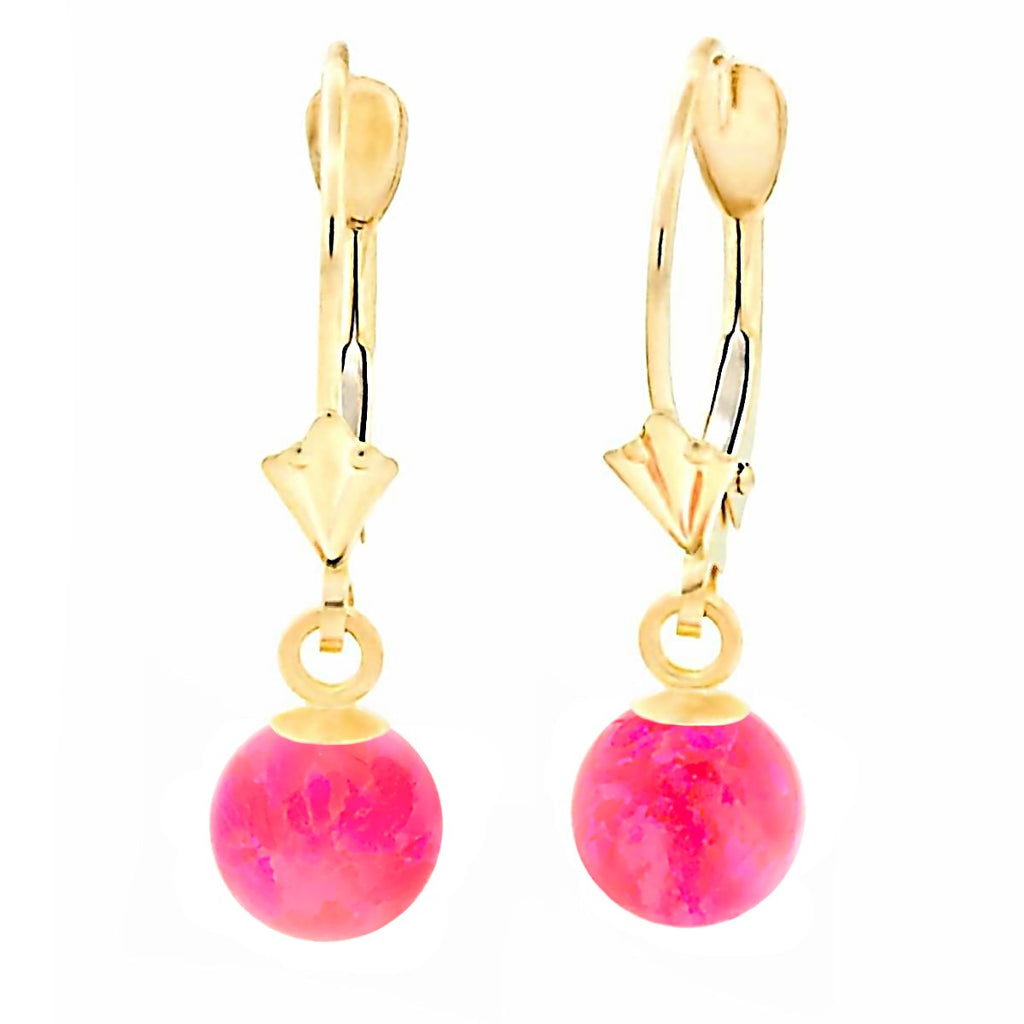 Pim: Mimosa Pink Created Australian Opal Ball Drop Leverback Earrings 14K Yellow Gold - TrustmarkJewelers.com