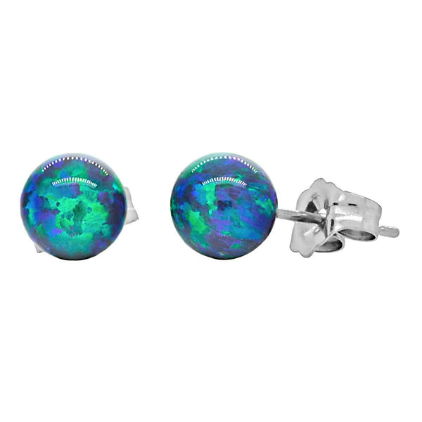 Perrin: Blue-Green Peacock Created Australian Opal Ball Stud Earrings 14K White Gold - TrustmarkJewelers.com