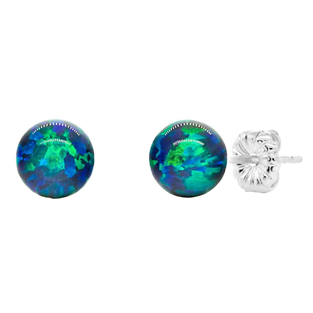Perrin: Blue-Green Peacock Created Australian Opal Ball Stud Earrings 925 Sterling Silver - TrustmarkJewelers.com