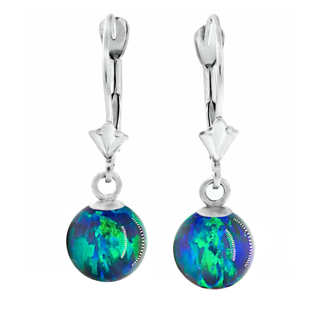 Perrin: Blue-Green Peacock Created Australian Opal Ball Drop Leverback Earrings 14K White Gold - TrustmarkJewelers.com
