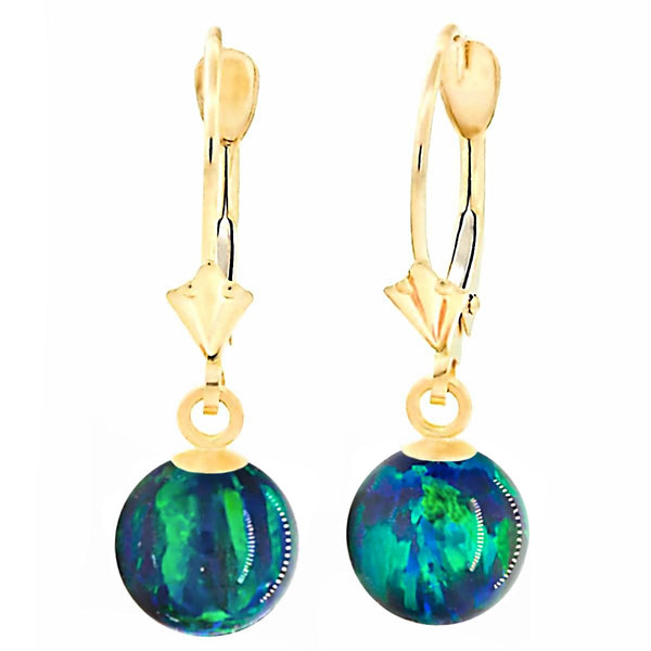 Perrin: Blue-Green Peacock Created Australian Opal Ball Drop Leverback Earrings 14K Yellow Gold - TrustmarkJewelers.com