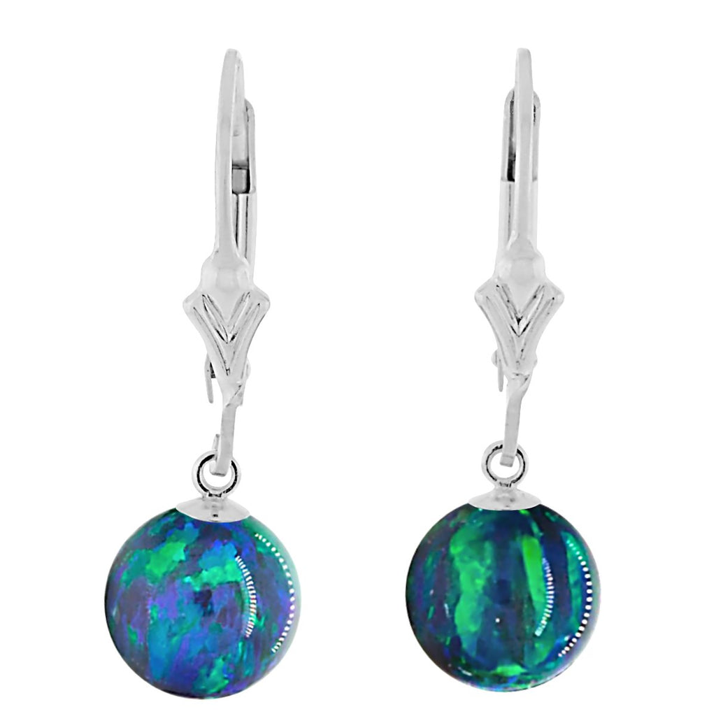 Perrin: Blue-Green Peacock Created Australian Opal Ball Drop Leverback Earrings 925 Sterling Silver - TrustmarkJewelers.com