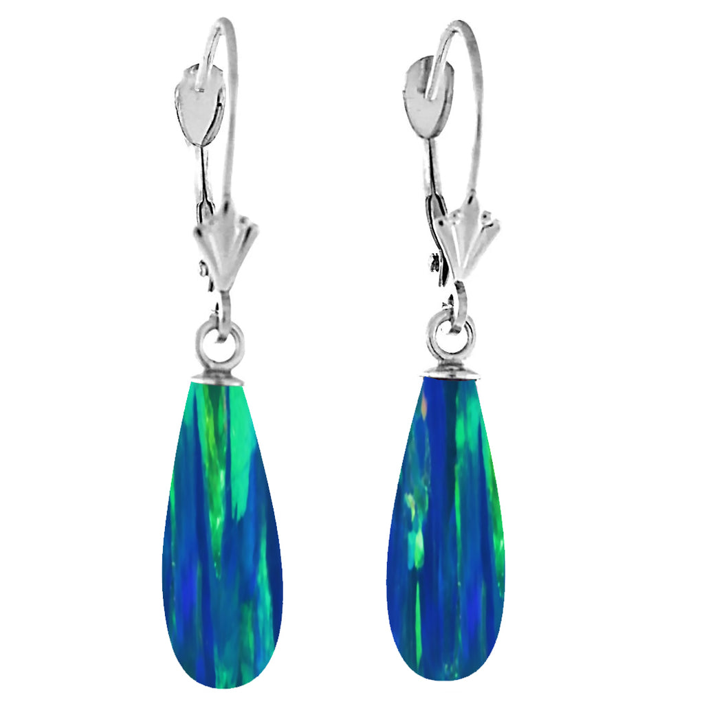 Perrin: Blue-Green Peacock Created Australian Opal Teardrop Drop 14K WG Leverback Earrings