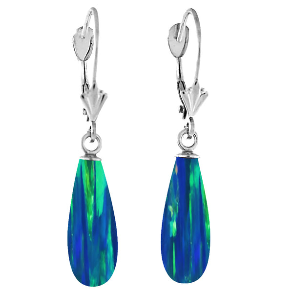 Perrin: Blue-Green Peacock Created Australian Opal Teardrop Drop 14K WG Leverback Earrings