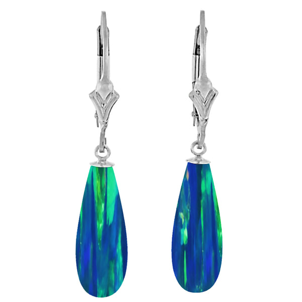 Perrin: Blue-Green Peacock Created Australian Opal Teardrop Drop 925 Silver Leverback Earrings