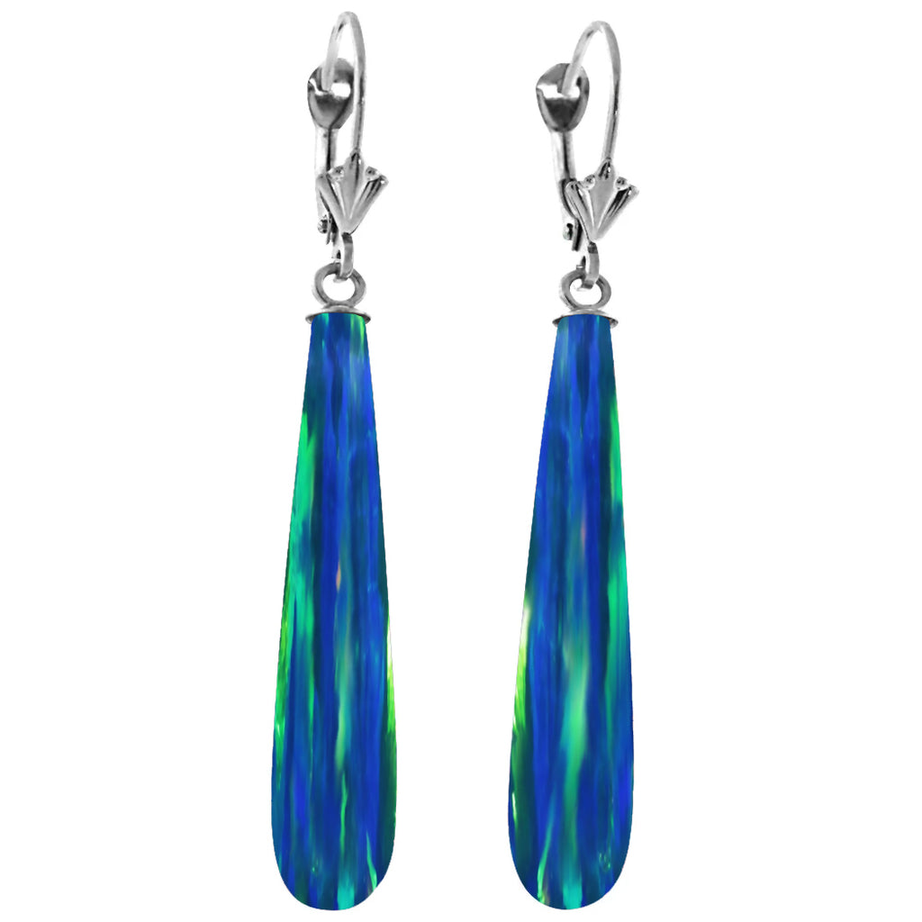 Perrin: Blue-Green Peacock Created Australian Opal Teardrop Drop 14K WG Leverback Earrings