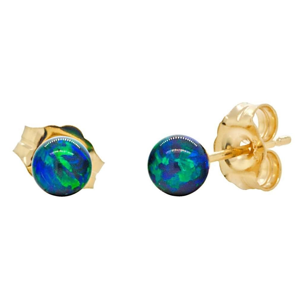 Perrin: 4mm Blue-Green Peacock Opal Ball Stud Earrings 14K Yellow Gold - TrustmarkJewelers.com