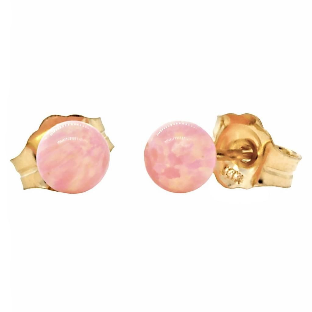 Elana: 4mm Pink Angel Skin Opal Ball Stud Earrings 14K Yellow Gold - TrustmarkJewelers.com