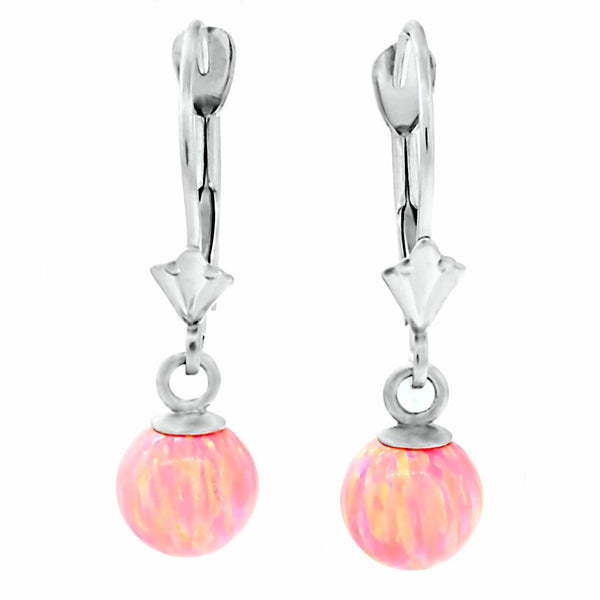 6mm Pink Angel Skin Opal Ball Drop Leverback Earrings 14K White Gold - TrustmarkJewelers.com
