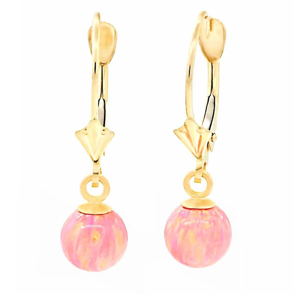 Elana: Pink Angel Skin Opal Ball Drop Leverback Earrings 14K Yellow Gold - TrustmarkJewelers.com