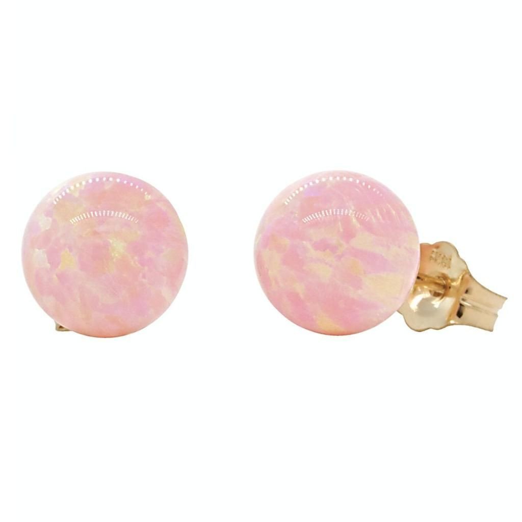 Elana: 8mm Pink Angel Skin Opal Ball Stud Earrings 14K Yellow Gold - TrustmarkJewelers.com