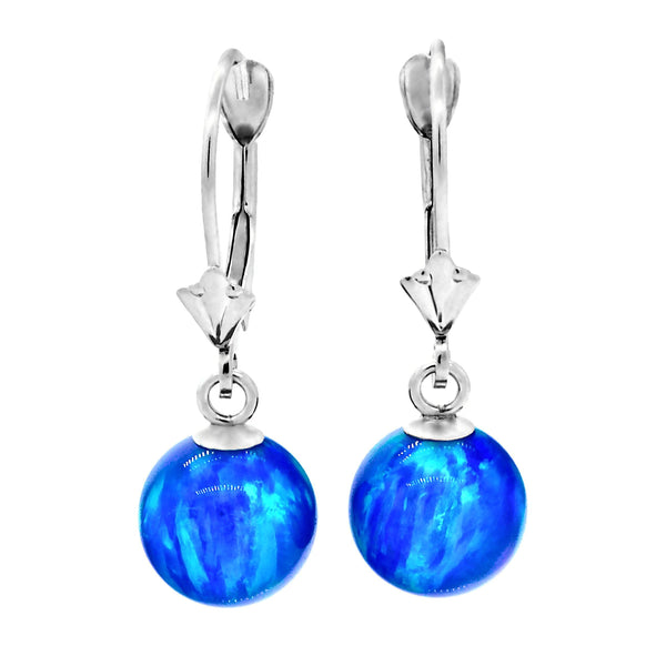 Oceans: Pacific Blue Created Australian Opal Ball Drop Leverback Earrings 14K White Gold - TrustmarkJewelers.com