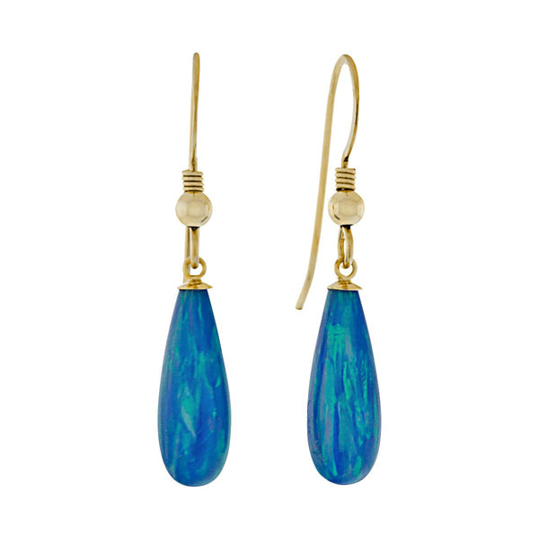 Oceans: 16mm Tropical Blue Created Opal Teardrop Fishhook Earrings Gold Filled - TrustmarkJewelers.com