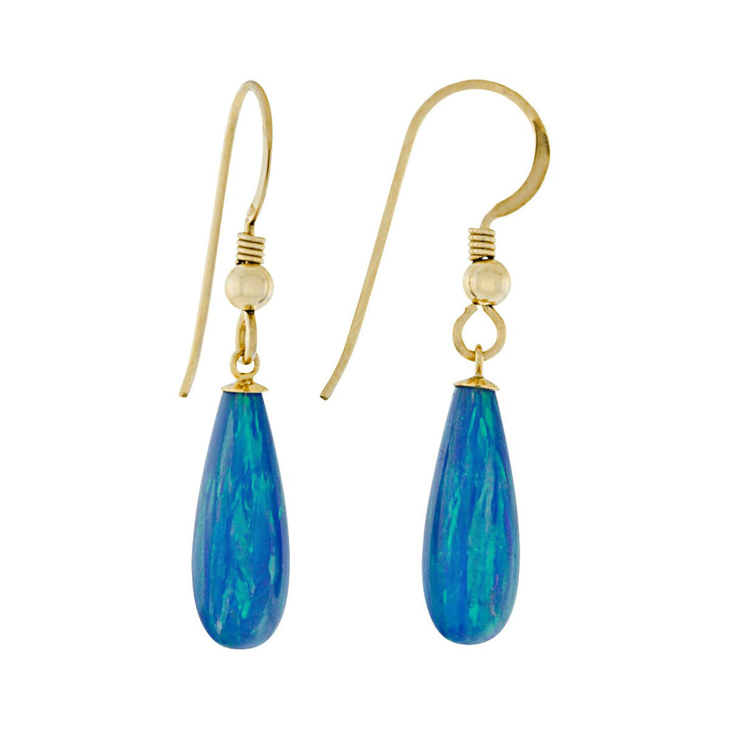 Oceans: 16mm Tropical Blue Created Opal Teardrop Fishhook Earrings Gold Filled - TrustmarkJewelers.com