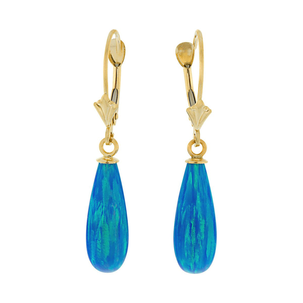 Oceans: 16mm Tropical Blue Created Opal Teardrop Lever Back Earrings Yellow Gold - TrustmarkJewelers.com